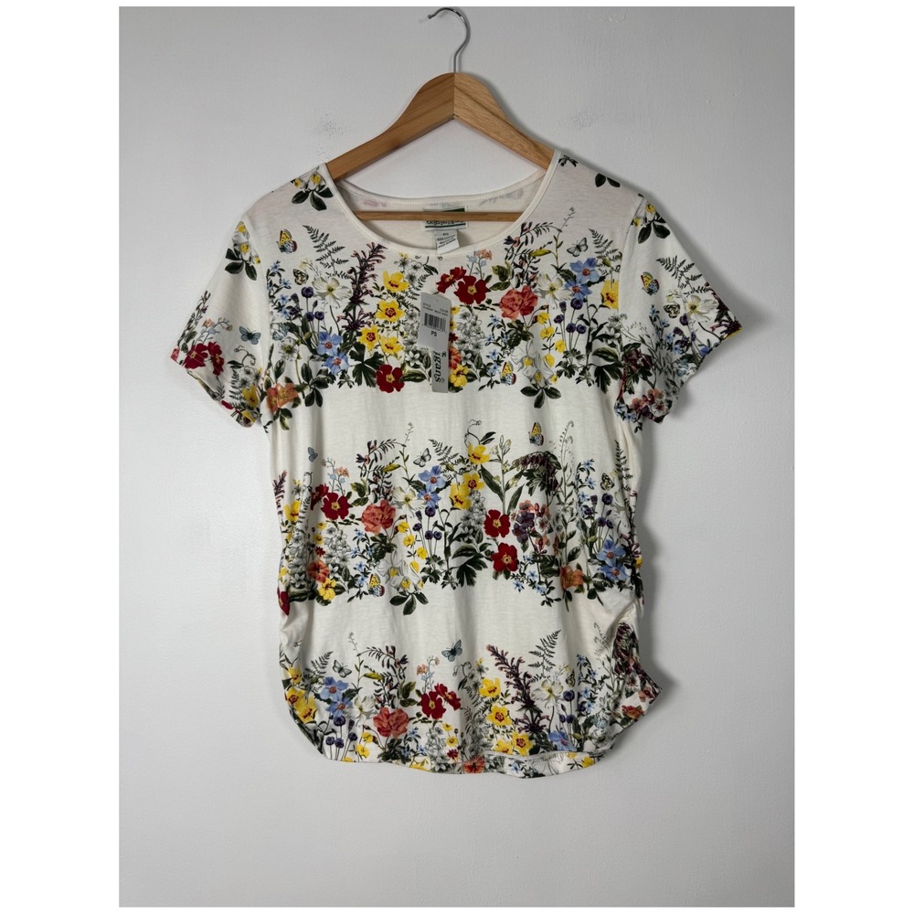 Cottagecore Shenanigans Womens PS T-Shirt White Floral Ruched Side Butterfly NWT